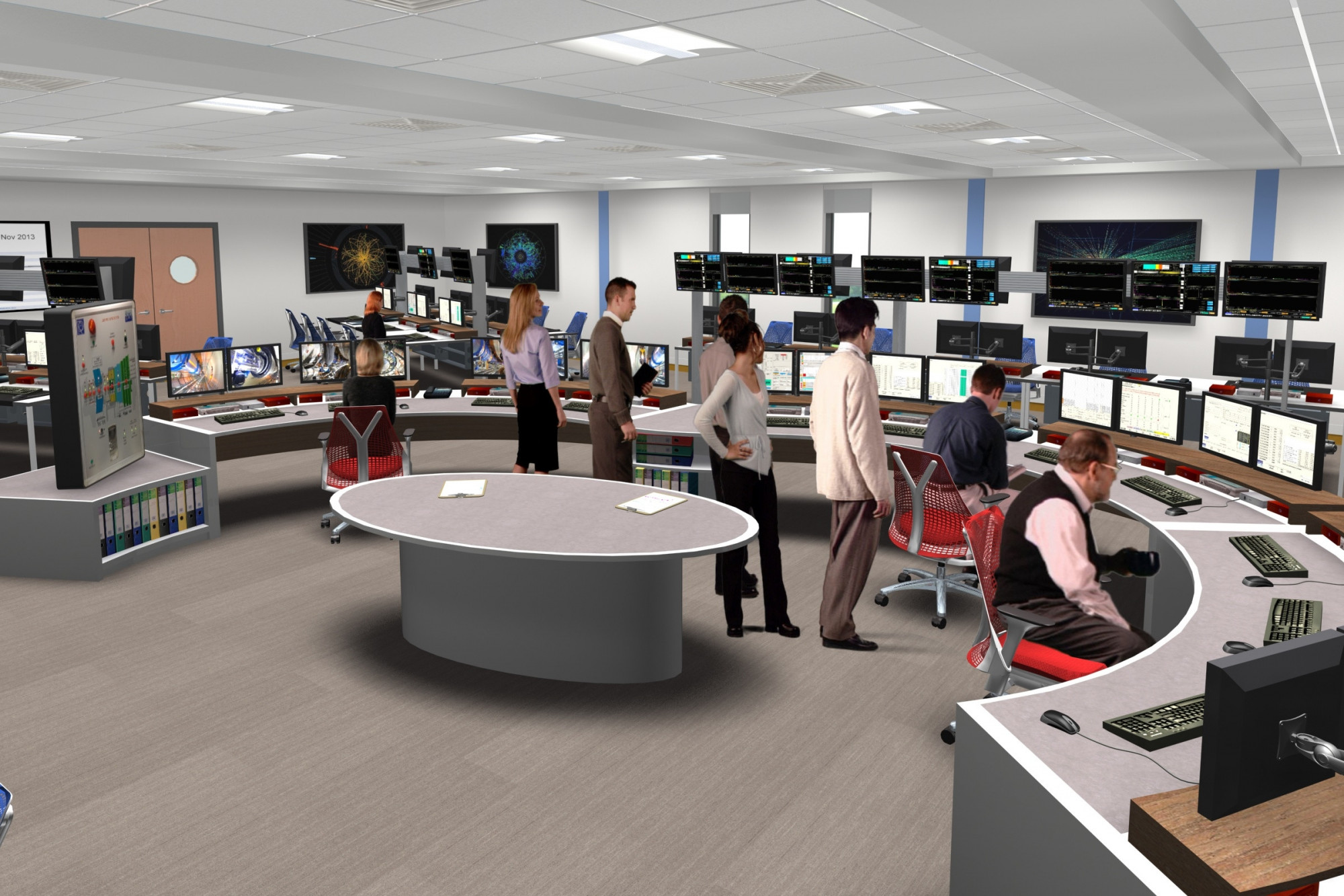 A visually rendered mock-up of members of the CERN team dispersed around the control room looking at monitors