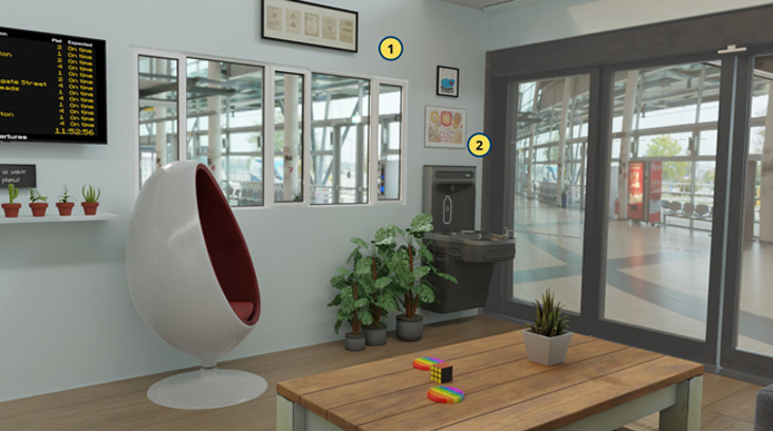 A render of a calm space in a railway station, showing an egg style chair, water fountain and planting, with clear doors opening onto the platform