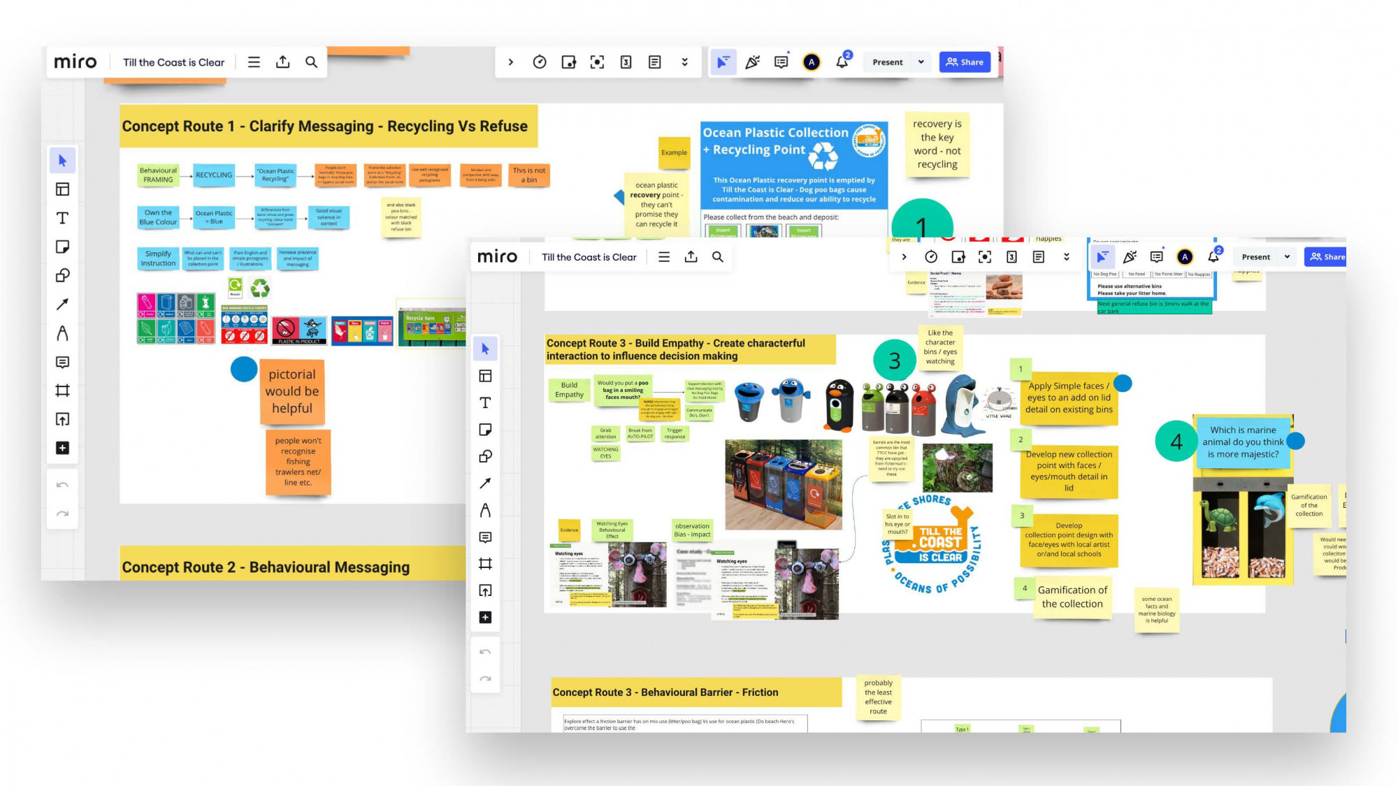 An image showing Miro baorads, used to identify a number of intervention routes. Routes that we felt had the most impact were making sure we clarified the message and built empathy with the user.