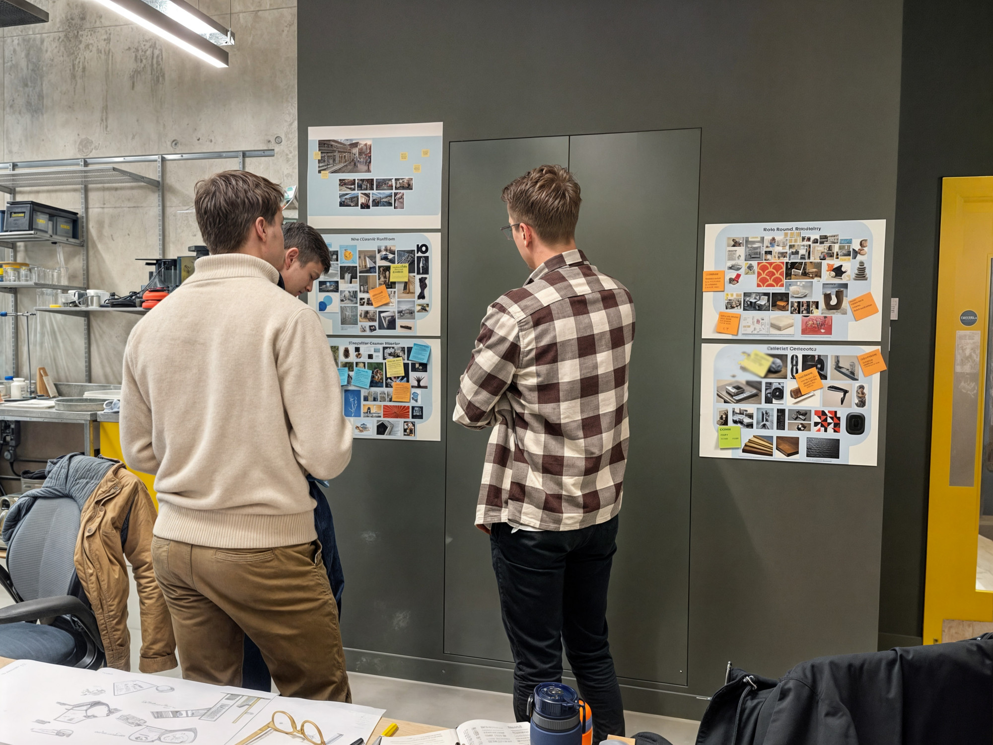 A photo of the Mima team working with the client, facing towards a wall with annotated imagery from the bag drop, considering form, function and materiality and how this was all part of the communication to the user.