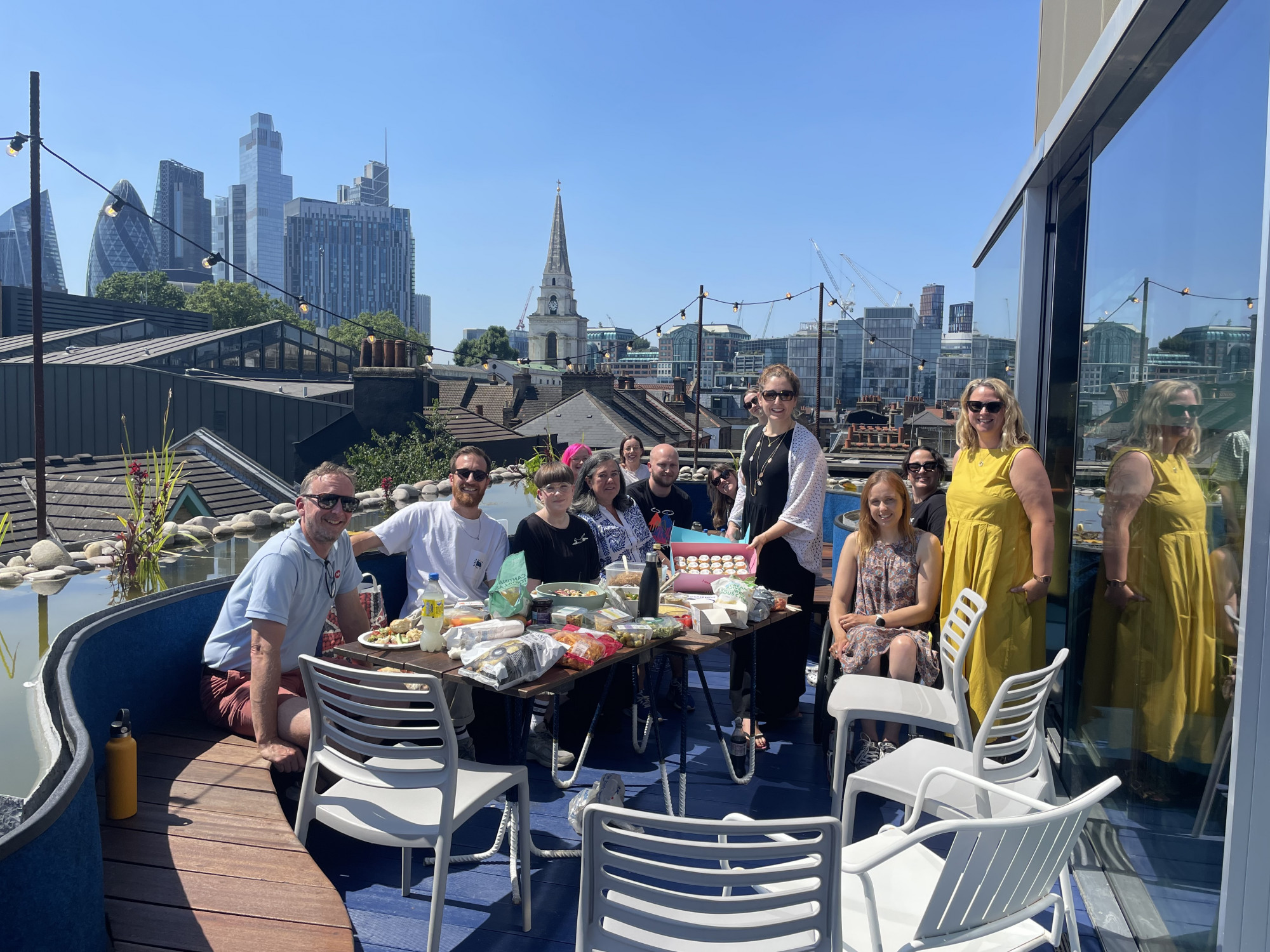 Members of the Mima team celebrate the newly-acquired B Corp status on a sunny rooftop, set against the background of the London skyline