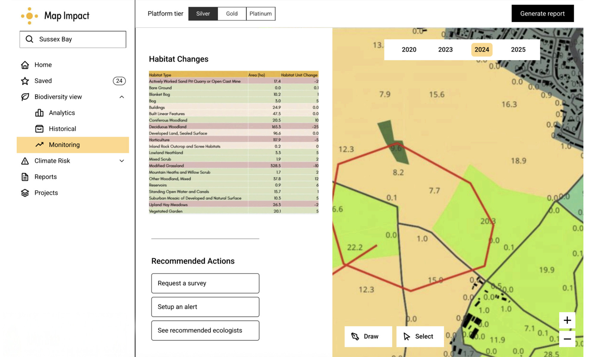 Digital dashboard image for Map Impact showing a table with biodiversity changes and a satellite map image of the land area