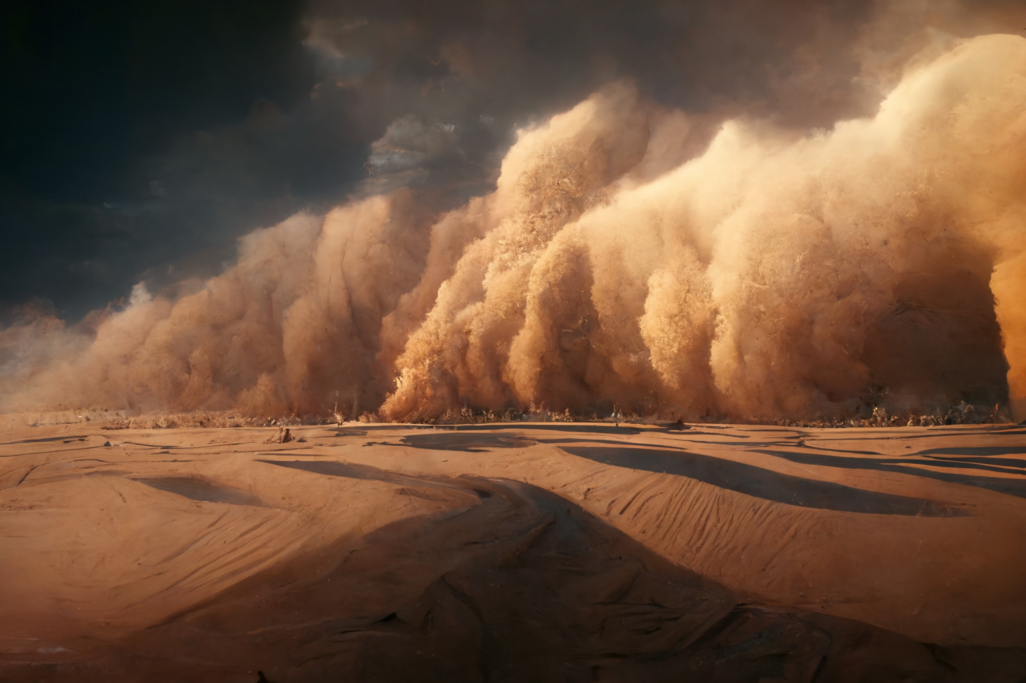 An image of a gathering sandstorm in the desert, set against the backdrop of dark skys
