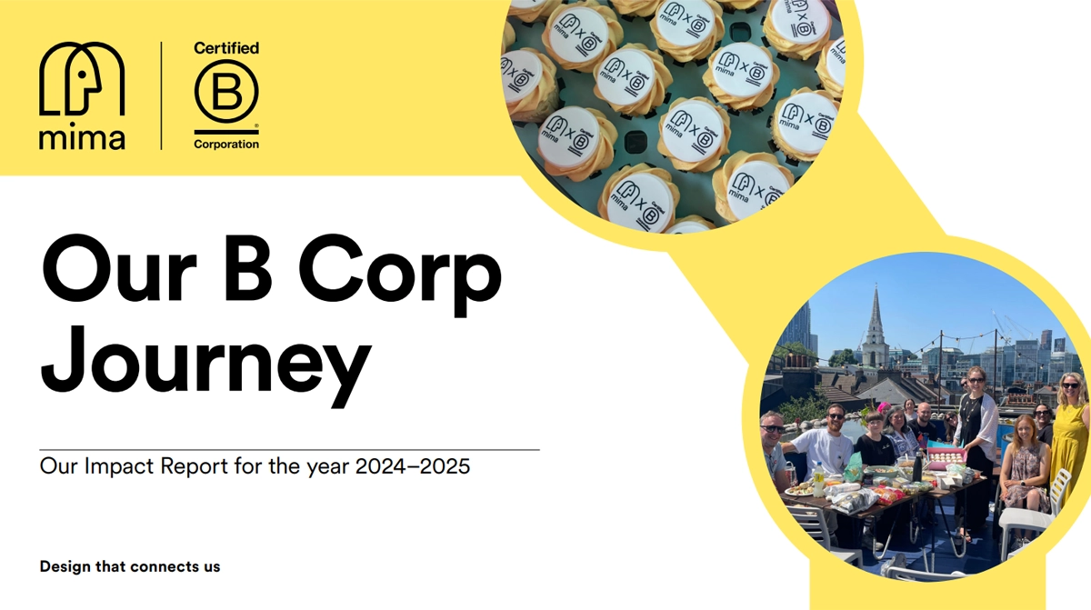A title slide for Mima's B Corp Impact Report for the year 2024-25. The slide shows Mima and B Corp Logos, an image of some cupcakes with the B Corp and Mima logo and an image of the Mima team celebrating on a London rooftop. The title reads Our B Corp Journey.