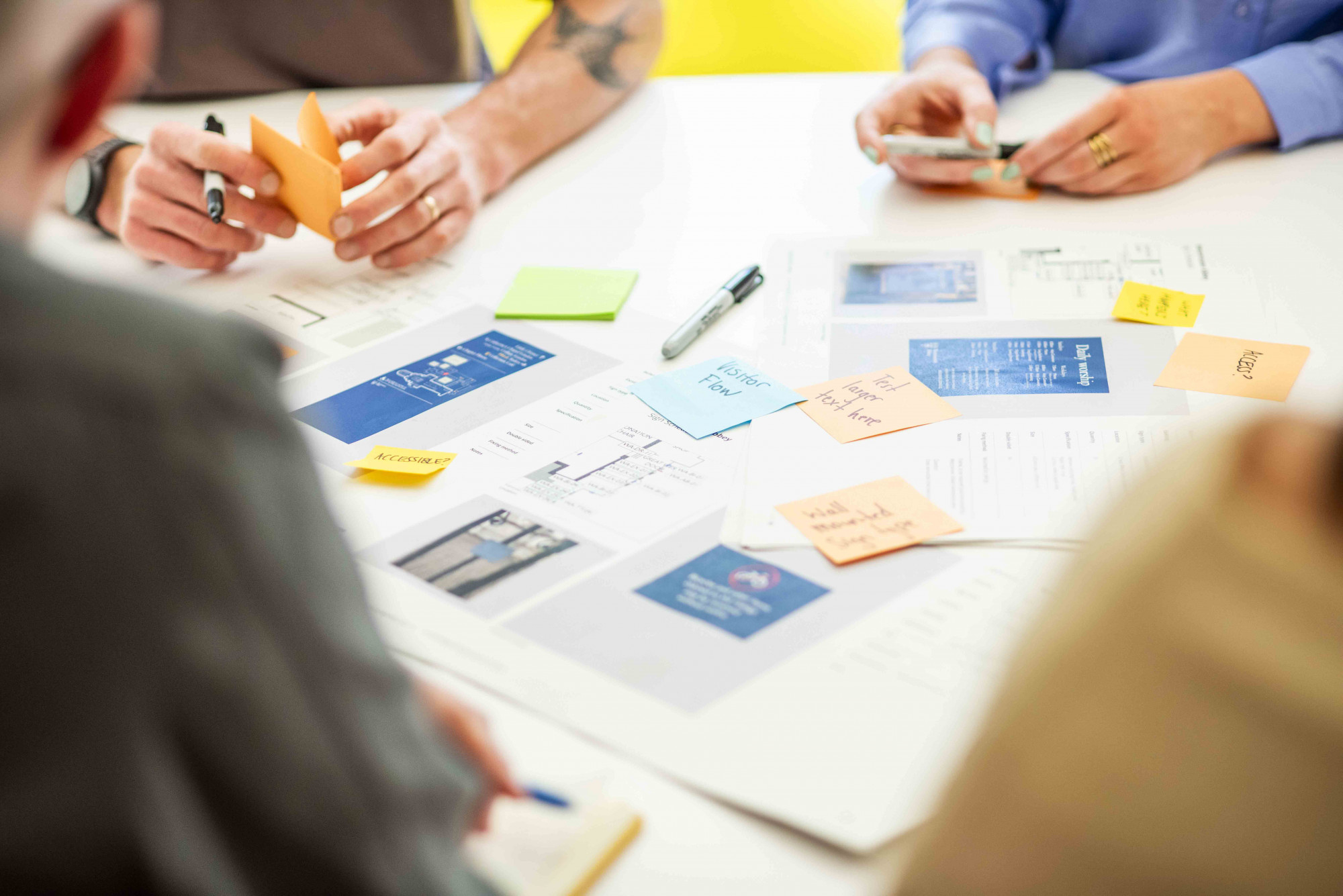 A white table is laid out with documents and post it notes with words including 'Visitor Flow'. The hands of two people sitting at the table are visble, holding post it notes and a pen.