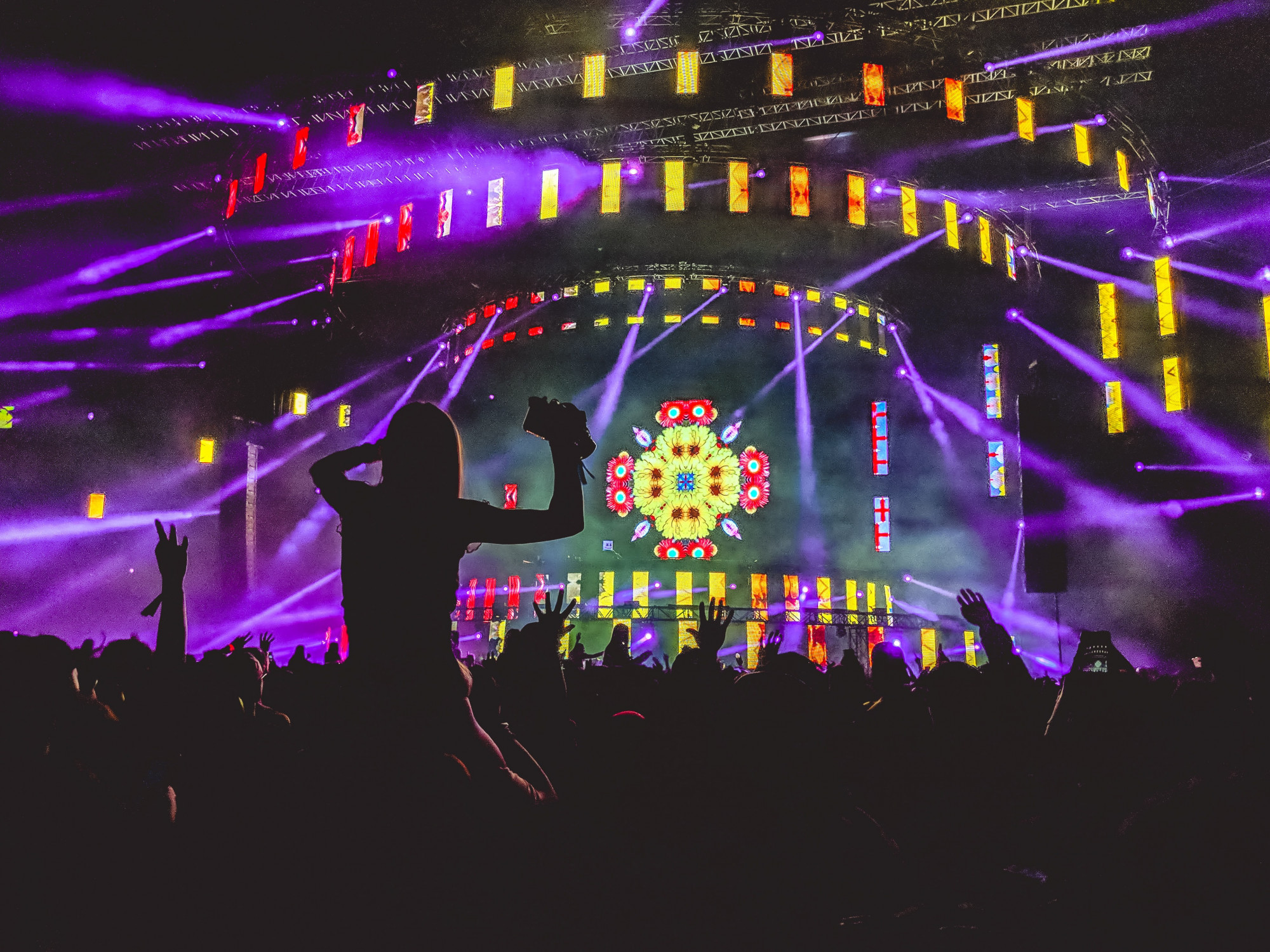 Large concert with a large crowd and in the foreground a person on someone's shoulders in front a neon-lit stage.