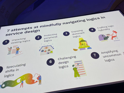 A photo of a graphically designed image depicting Josina Vink’s seven key ways to navigating logics in service design