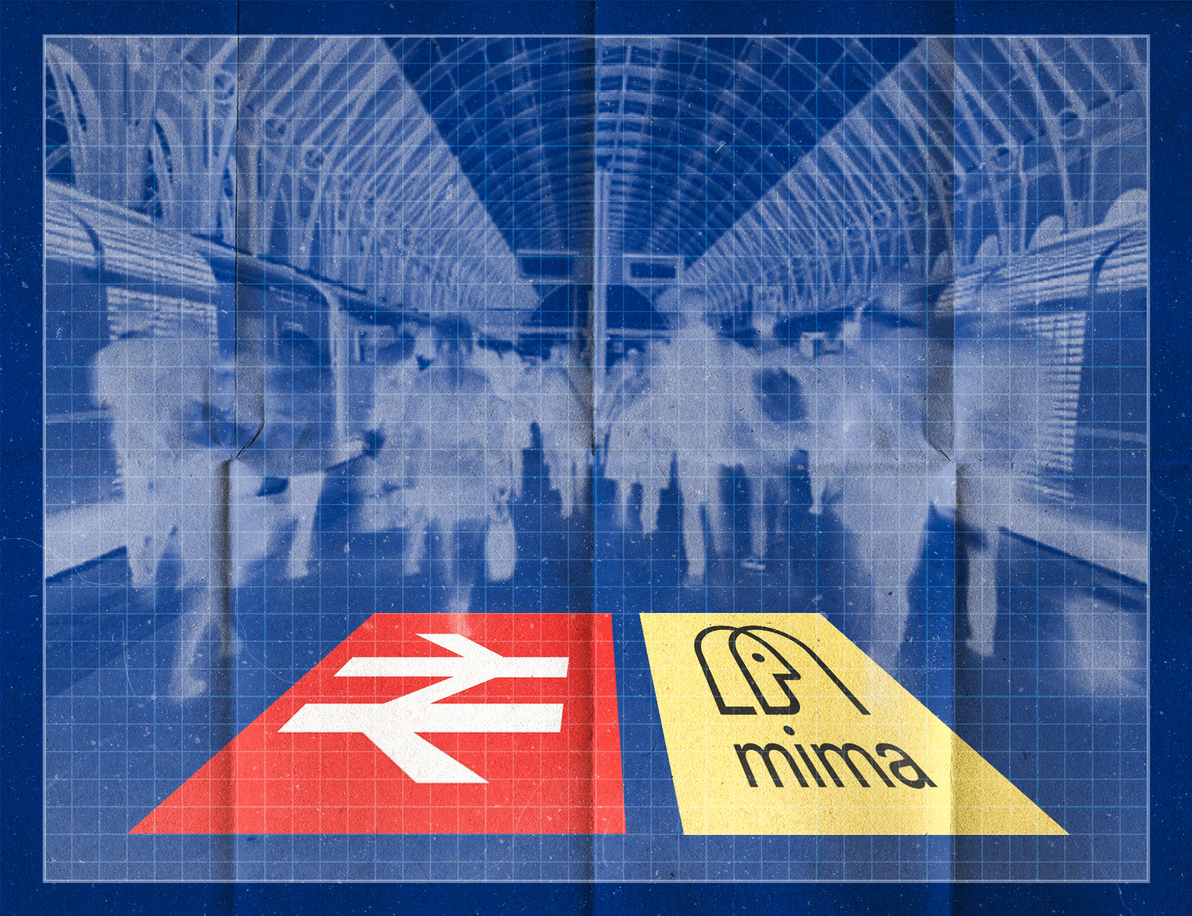 A graphically designed image from a photo designed to look like a blueprint with passengers leaving a train on a train platform and with a the Great British Railways logo and Mima logo superimposed next to each other