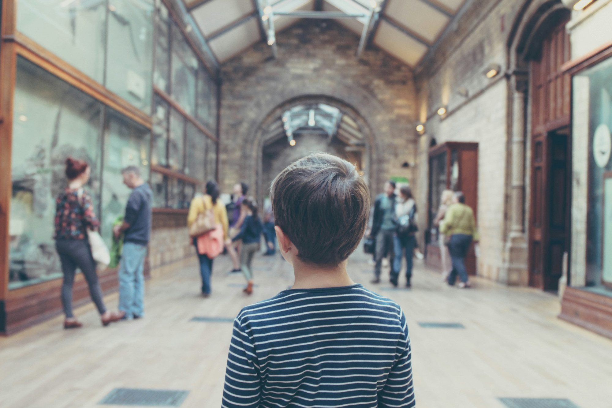 A young boy stands in an museum exhibition hall surrounded by exhibits in glass cases