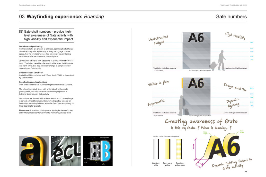 An image of a presentation page the Mima team used to give a technical design update. This page focuses on boarding gate signage height, font and lighting.