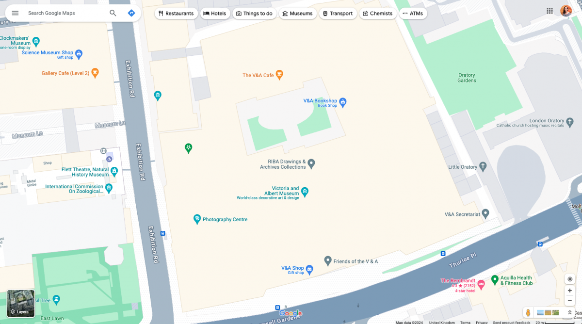 A Google Maps view V&A. The Natural History Museum has labelled rooms, stairwells, lifts, bathrooms, and dining rooms.